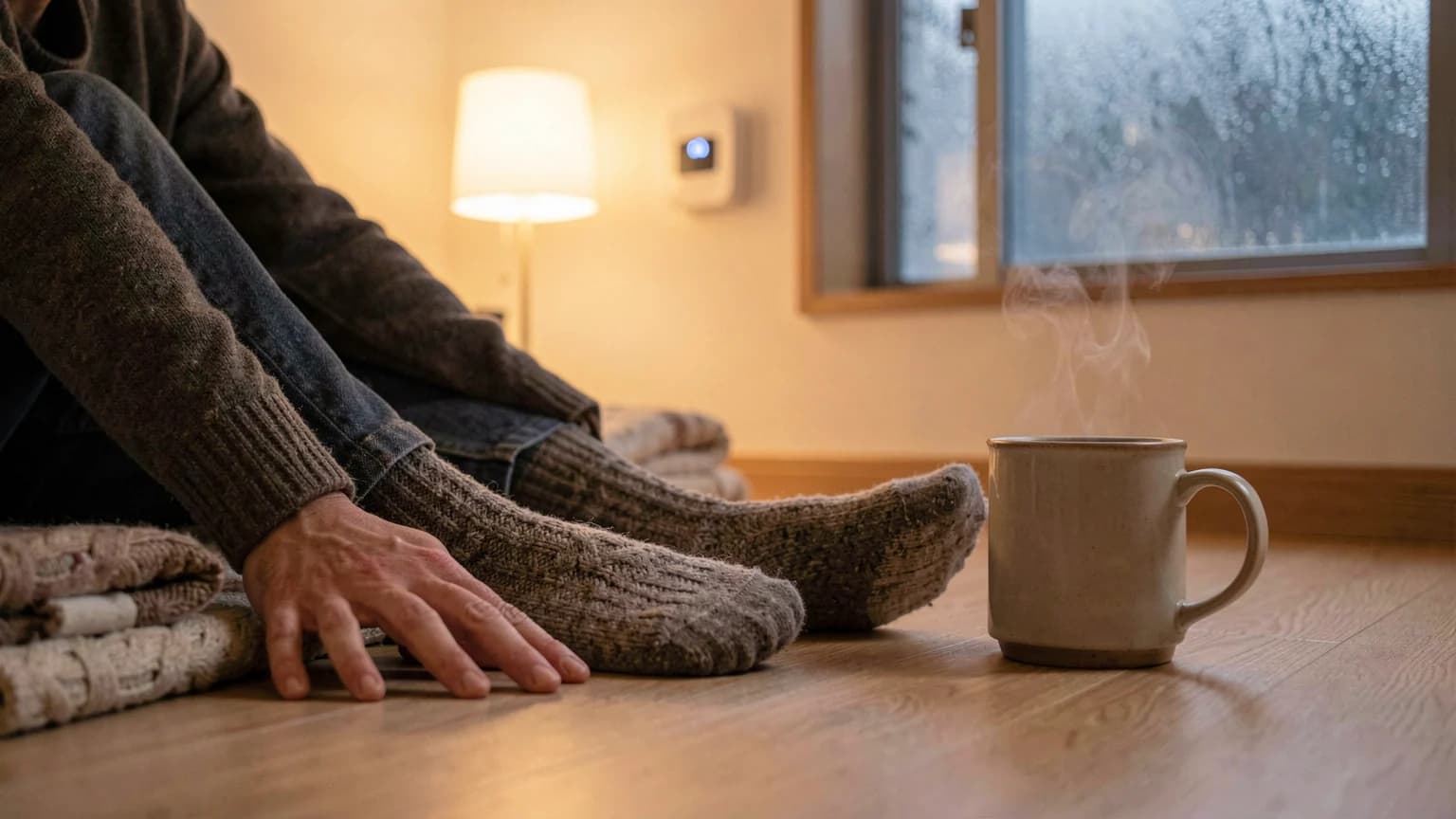 AI 생성 이미지: A resident in thick wool socks sits on a warm wooden floor in a small studio on a winter evening, beside a steaming mug and a folded blanket, with a boiler controller on the wall behind