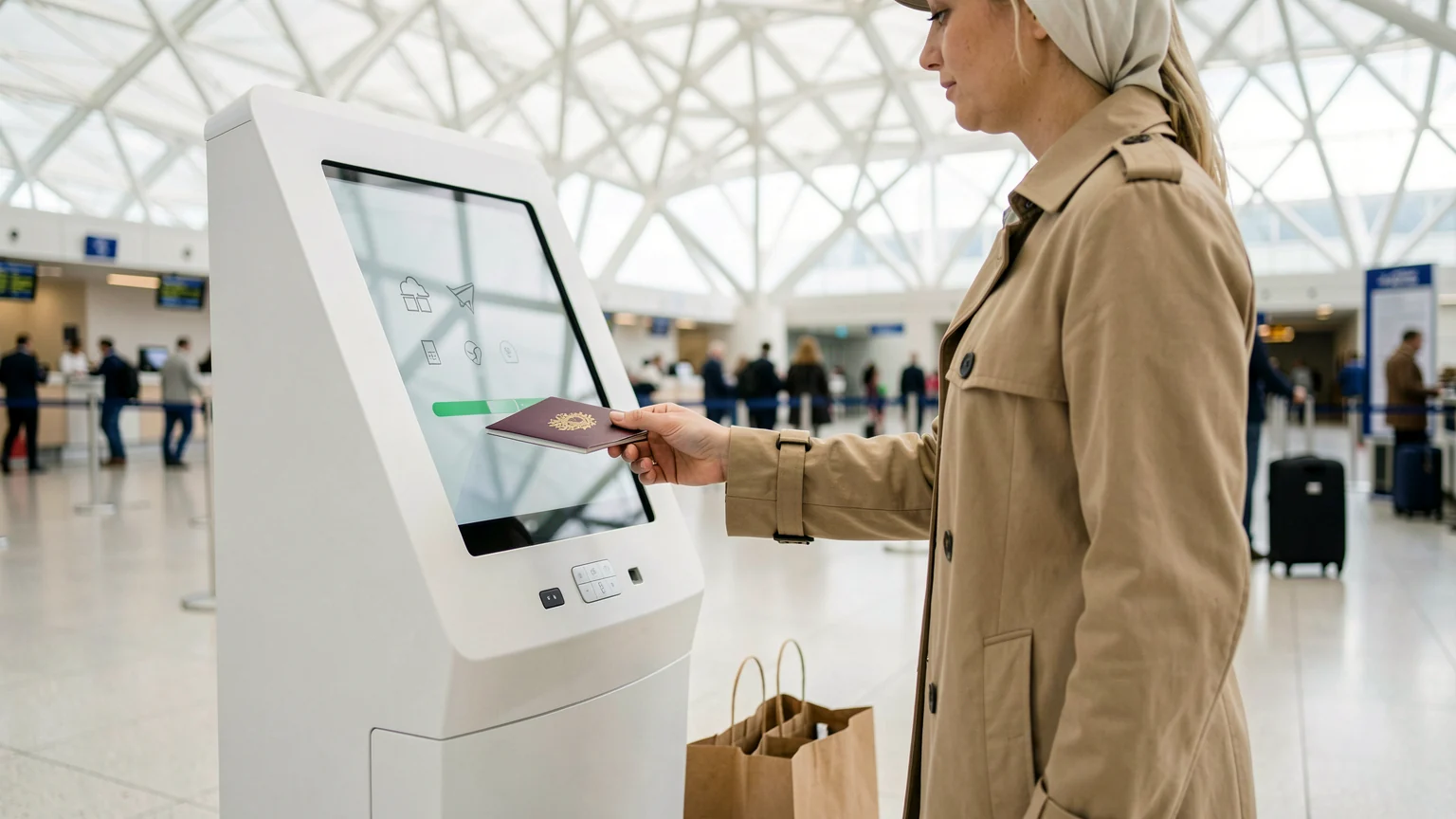 AI 생성 이미지: A traveler in a beige trench coat holds a passport up to a self-service tax refund kiosk in a bright airport departure hall, with a paper shopping bag at their feet